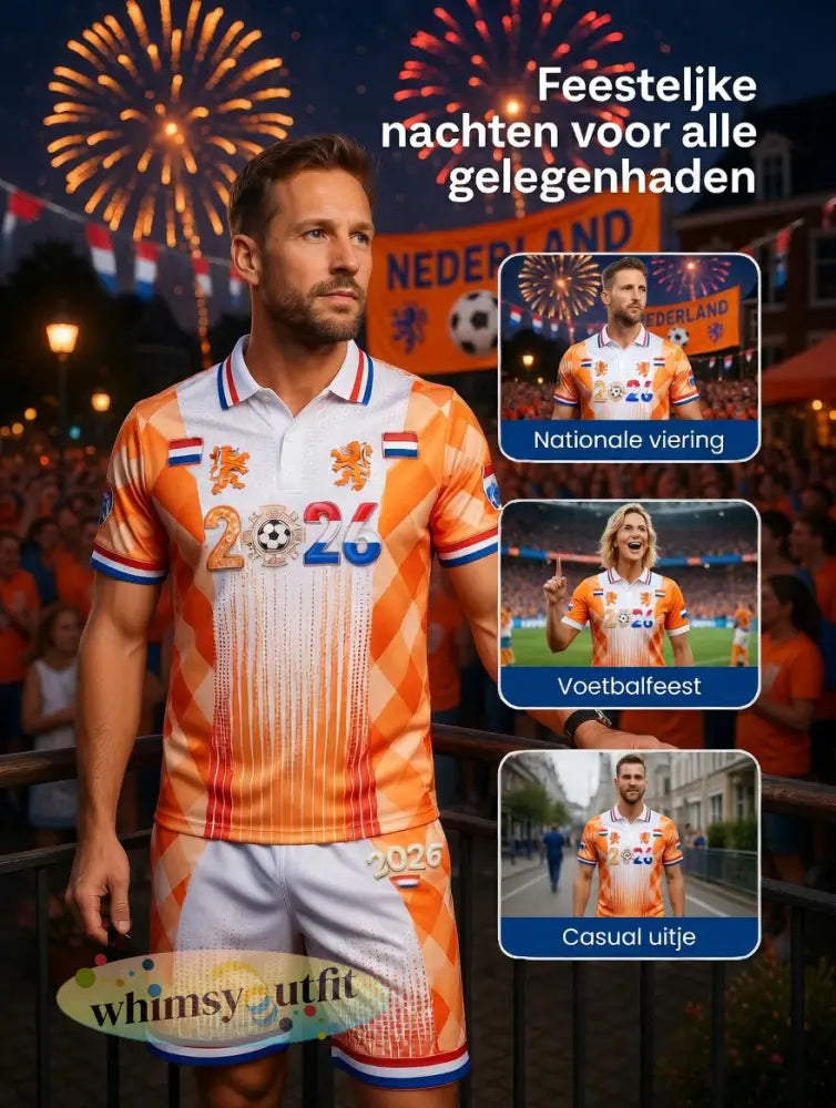 Heren Nederland 2026 voetbal patchworkprint casual poloshirt en korte broek set