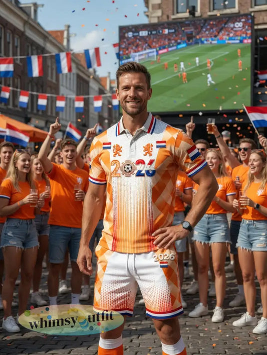 Heren Nederland 2026 voetbal patchworkprint casual poloshirt en korte broek set - Oranje wit / S