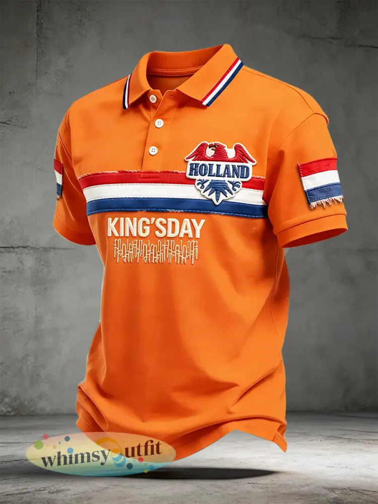 Heren Nederland Koningsdag Patchwork Print Oranje Casual Poloshirt - Sinaasappel / S