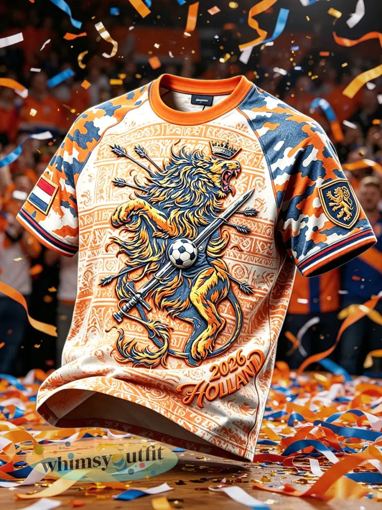 Heren Nederland Leeuwen Voetbal 2026 Patchwork Print Casual T-shirt - Veelkleurig / S