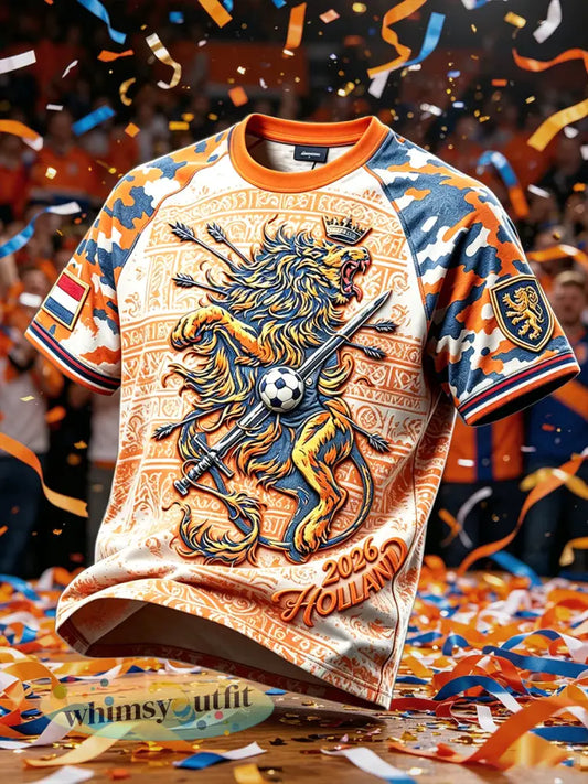Heren Nederland Leeuwen Voetbal 2026 Patchwork Print Casual T-shirt - Veelkleurig / S