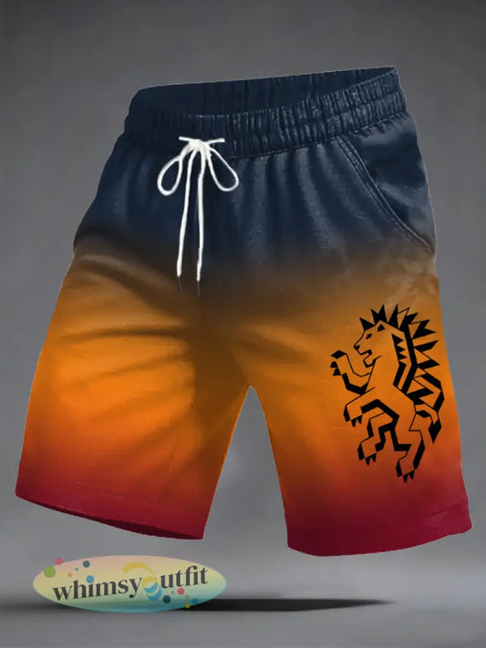 Heren Nederland Oranje Leeuw Print Cadeau voor Voetbalfans Casual Korte Broeken - gemengde kleur / S