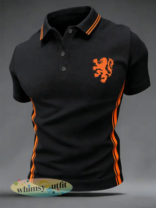 Heren Nederland Oranje Leeuw Print Cadeau Voor Voetbalfans Casual Top - Zwart / S