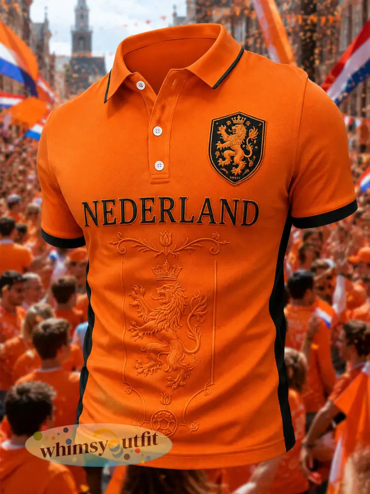 Heren Nederland-print casual polo - Sinaasappel / S