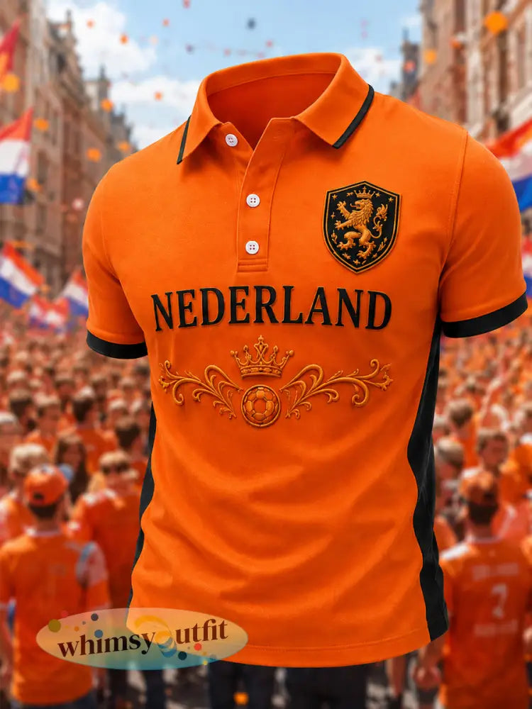 Heren Nederland-print casual polo - Sinaasappel / S