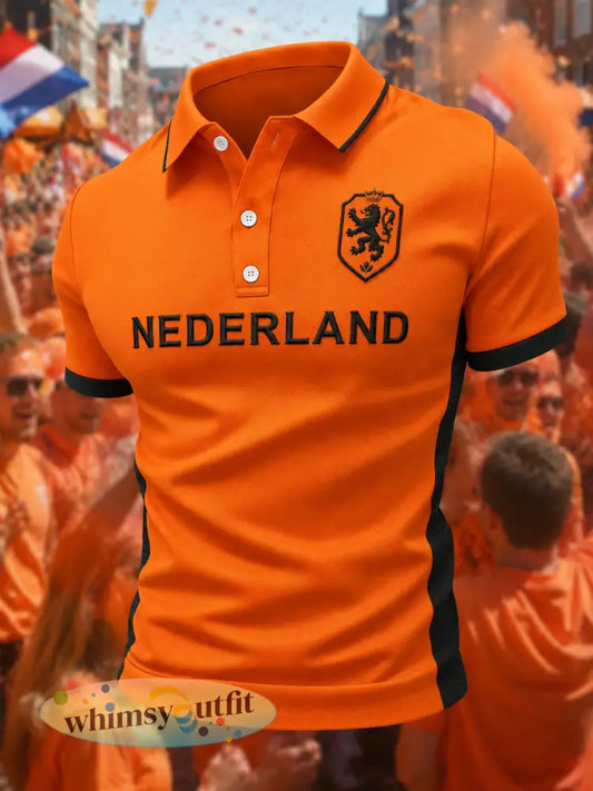 Heren Nederland-print casual polo - Sinaasappel / S