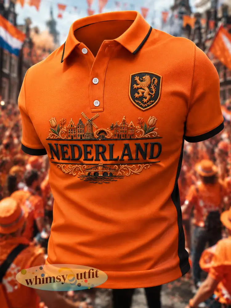 Heren Nederland-print casual polo - Sinaasappel / S
