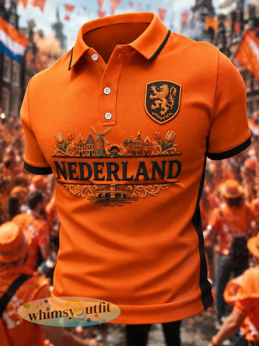 Heren Nederland-print casual polo - Sinaasappel / S