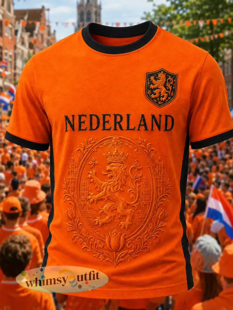 Heren Nederland-print casual T-shirt - Sinaasappel / S