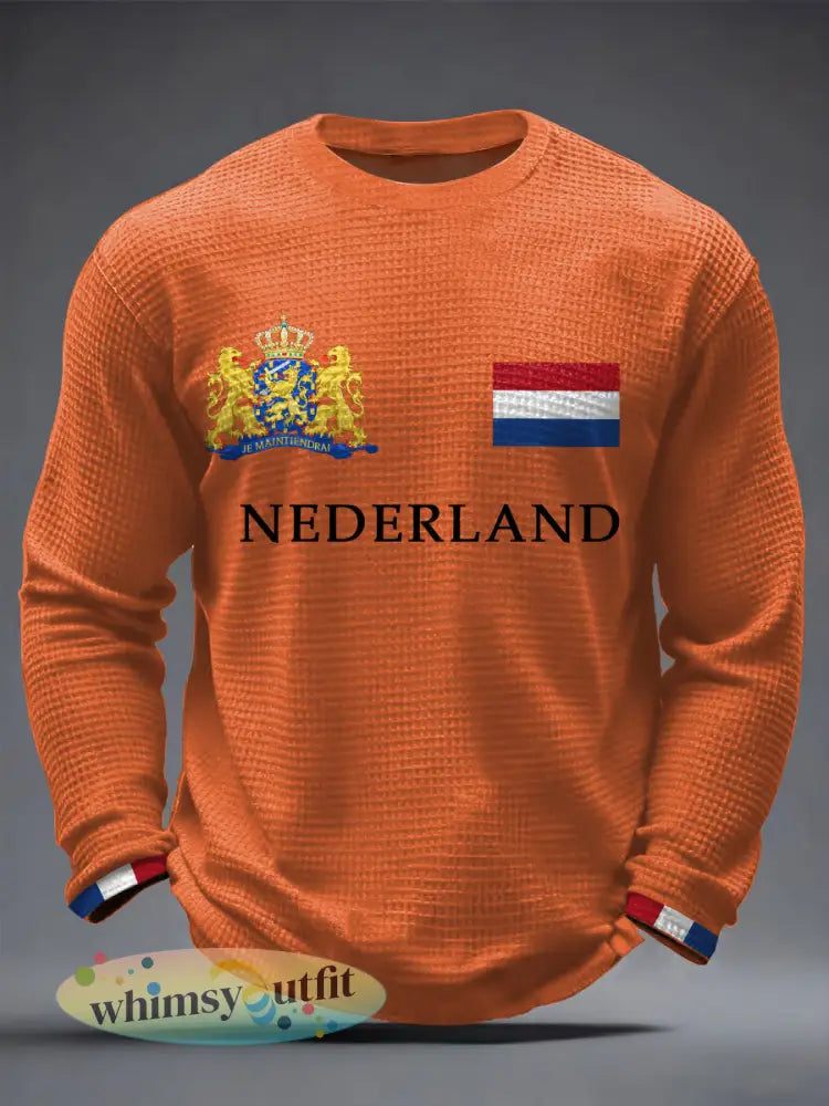 Heren Nederland Print Koningsdag Casual wafel T-shirt met lange mouwen - Oranje / S
