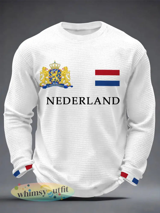 Heren Nederland Print Koningsdag Casual wafel T-shirt met lange mouwen - Wit / S