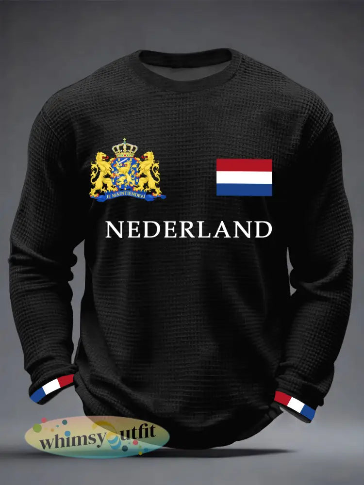 Heren Nederland Print Koningsdag Casual wafel T-shirt met lange mouwen - Zwart / S