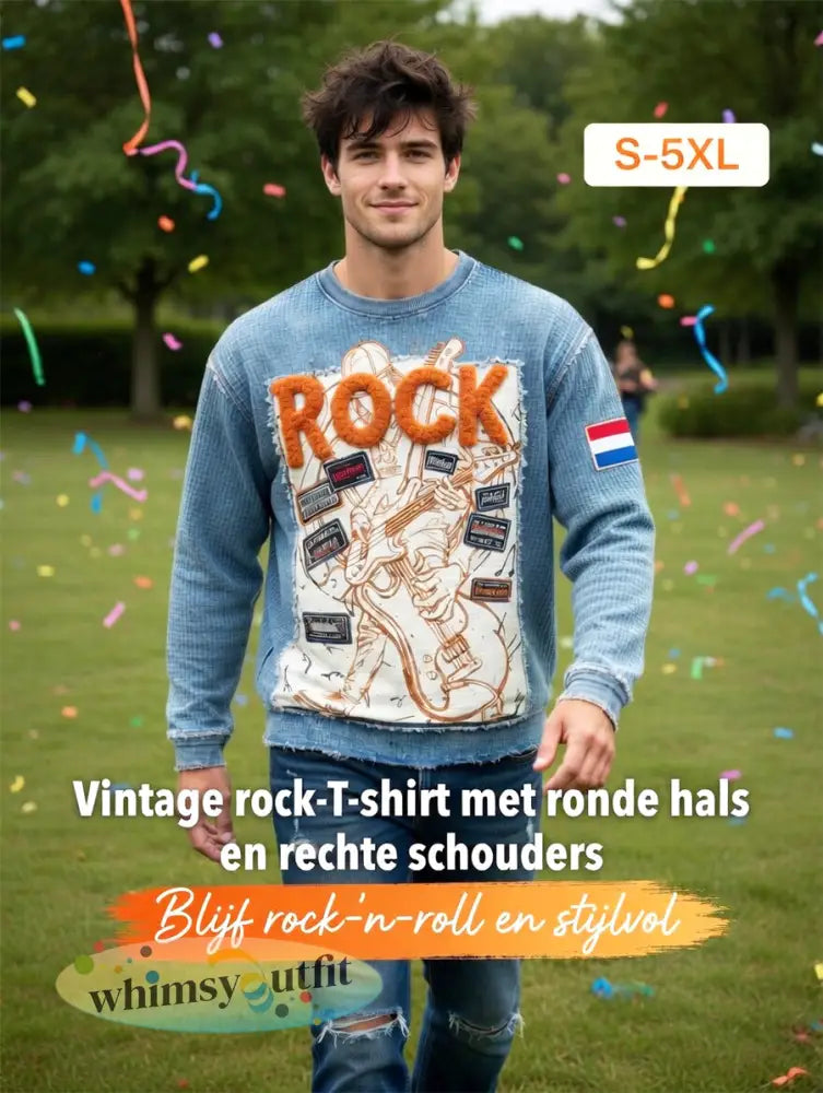 Heren Nederland Rock Retro Patchwork Print Casual Cool T-shirt met lange mouwen - Blauw / S