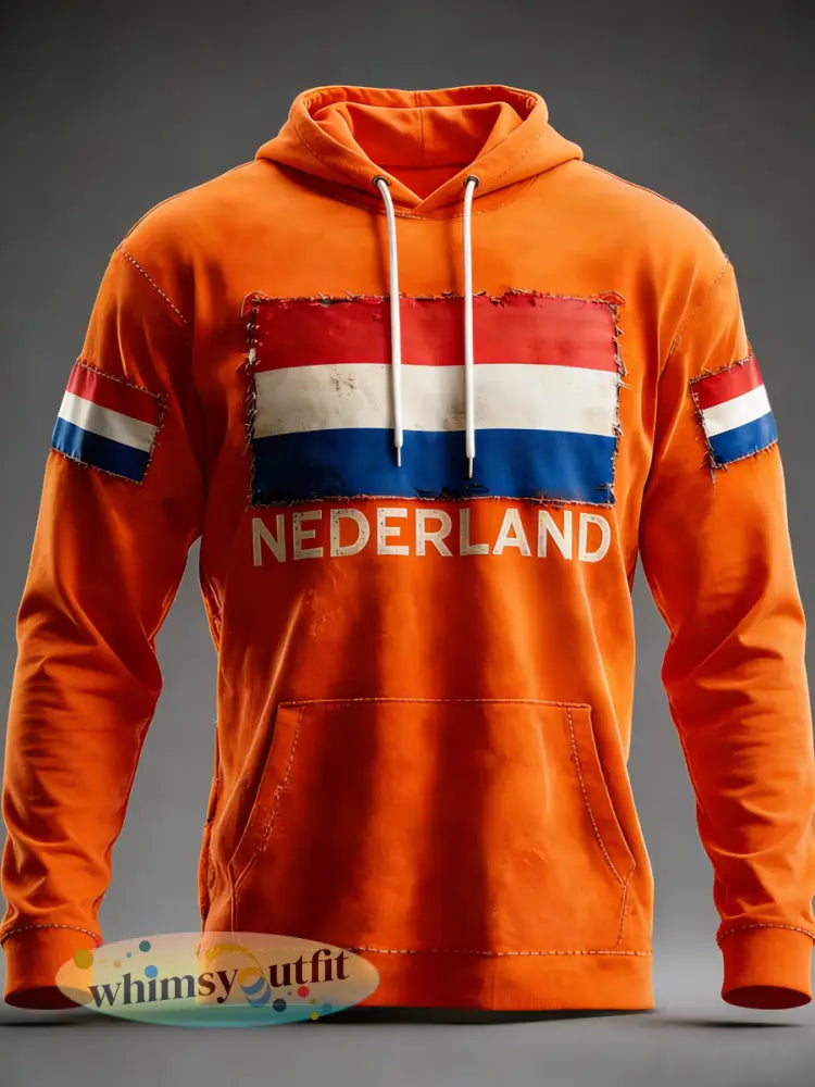 Heren Nederland Vlag Print Casual Hoodie - Sinaasappel / S
