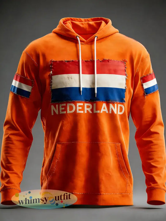 Heren Nederland Vlag Print Casual Hoodie - Sinaasappel / S
