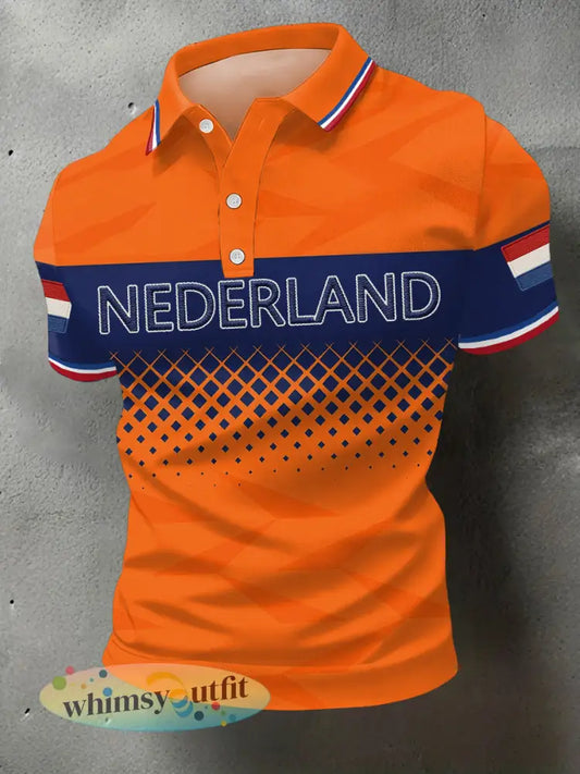 Heren Nederland Vlag Print Casual Polo - Sinaasappel / S