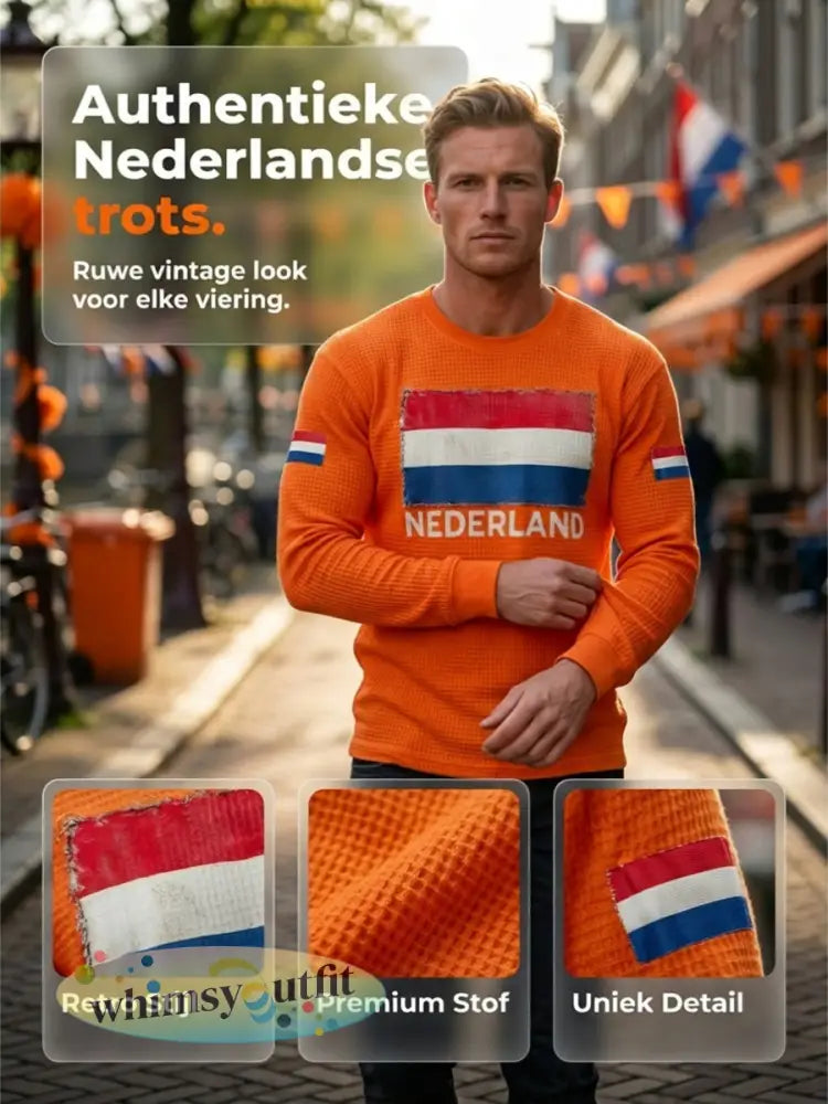 Heren Nederland Vlag Print Casual Wafel Lange Mouw T-shirt