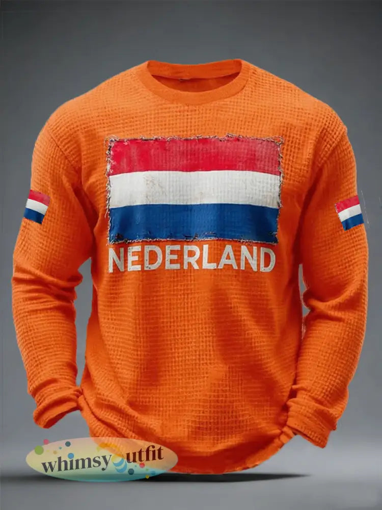 Heren Nederland Vlag Print Casual Wafel Lange Mouw T-shirt - Oranje / S