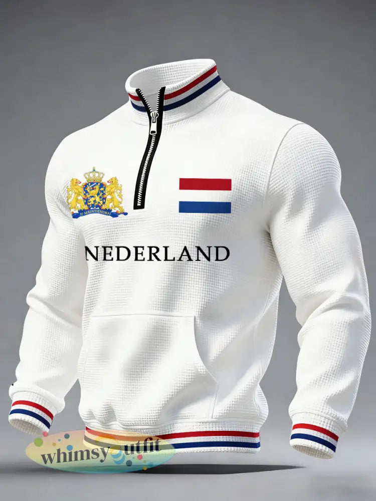 Heren Nederland Vlag Print Casual Waffle Sweatshirt - Wit / S