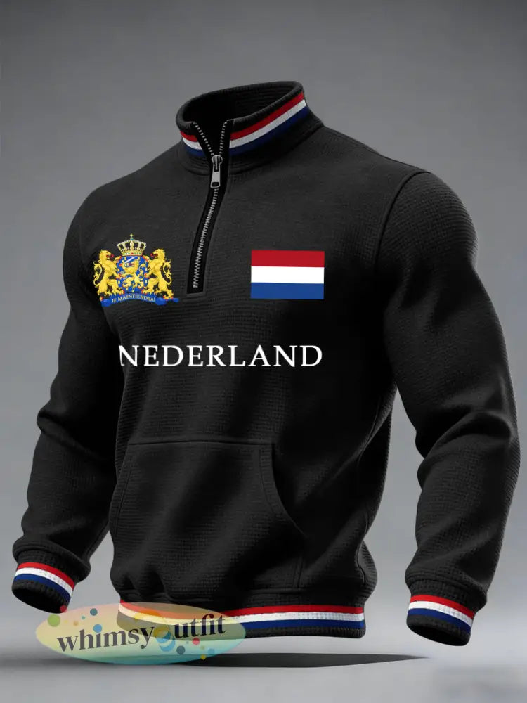 Heren Nederland Vlag Print Casual Waffle Sweatshirt - Zwart / S
