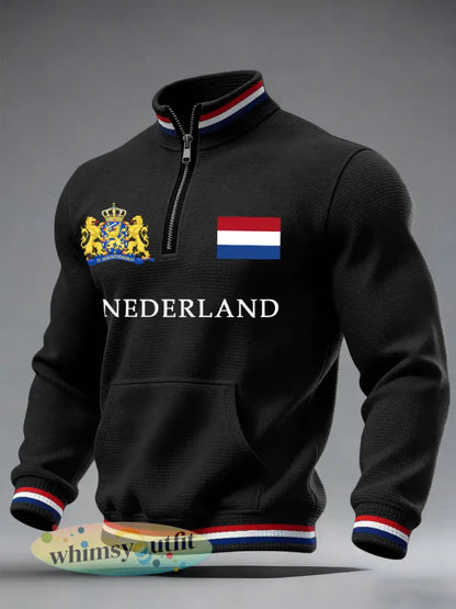 Heren Nederland Vlag Print Casual Waffle Sweatshirt - Zwart / S