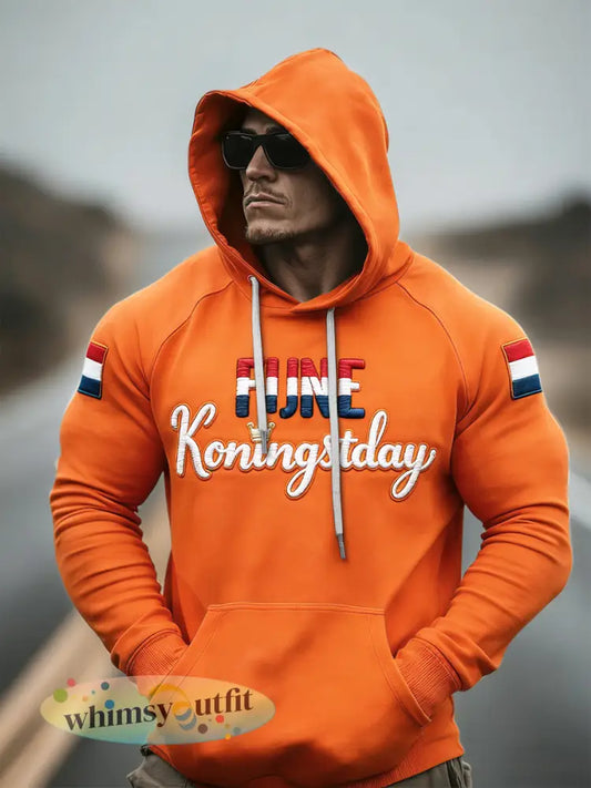 Heren Nederlands Koningsdag 3D-geprint casual raglanmouwen hoodie - Sinaasappel / S