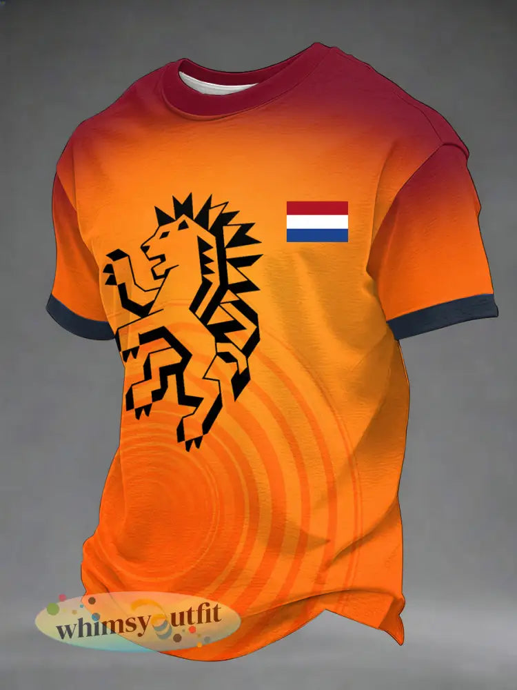 Heren Nederlands Oranje Leeuw Print Cadeau voor Voetbalfans Casual T-shirt - Sinaasappel / S