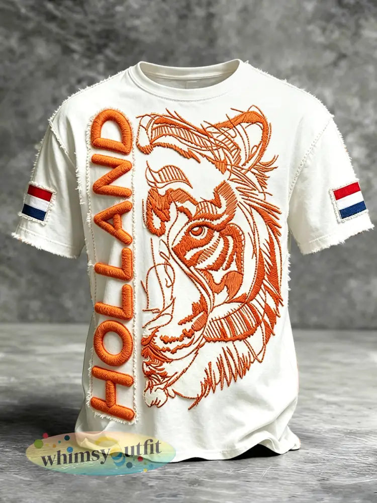 Heren Nederlands Tijger 3D-geprinte vintage witte casual t-shirt - Wit / S