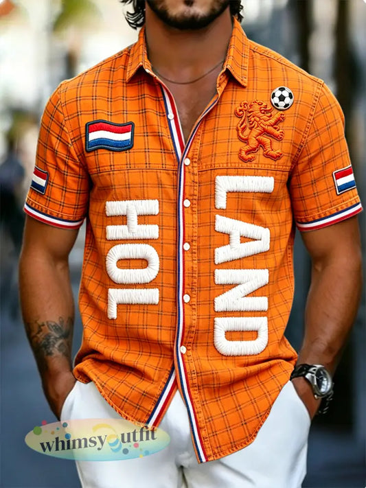 Heren Nederlands voetbal vintage geruit patchworkprint casual shirt met korte mouwen - Sinaasappel / S