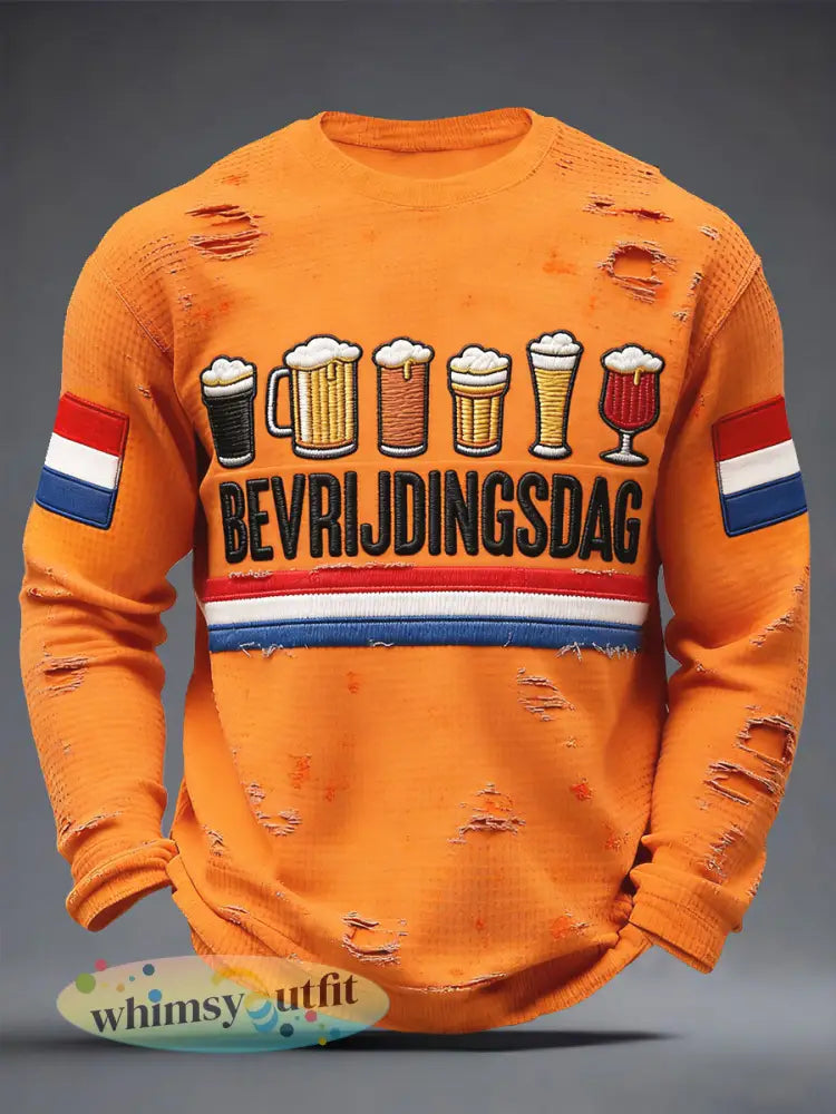 Heren Nederlandse Bevrijdingsdag Distressed Print Casual T-shirt met lange mouwen - Sinaasappel / S