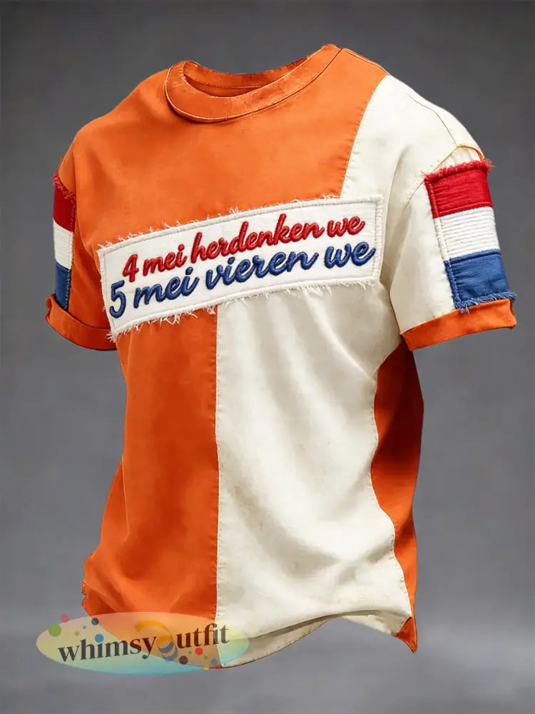 Heren Nederlandse Bevrijdingsdag Patchwork Print Casual T-shirt - Veelkleurig / S