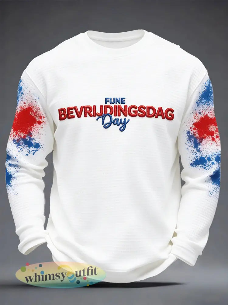 Heren Nederlandse Bevrijdingsdag-print wit casual wafelgeweven T-shirt met lange mouwen - Wit / S