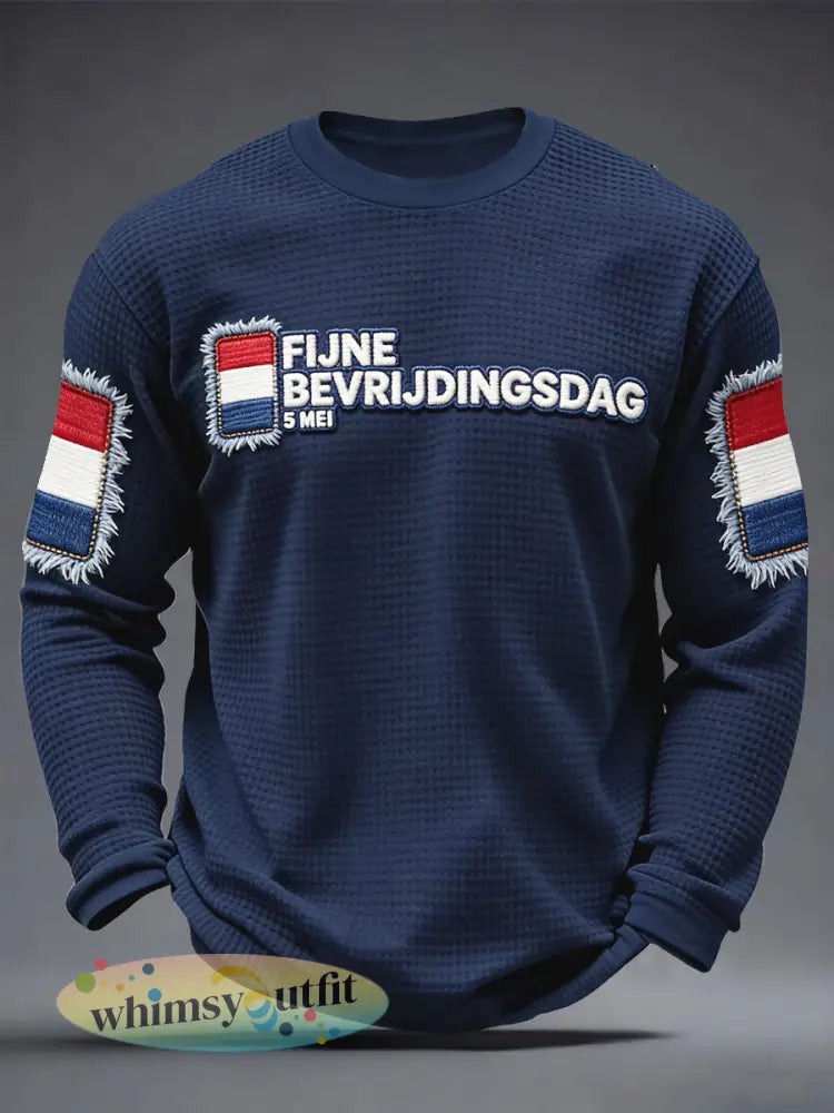 Heren Nederlandse Bevrijdingsdagprint Marineblauw Casual wafel T-shirt met lange mouwen - Donkerblauw / S