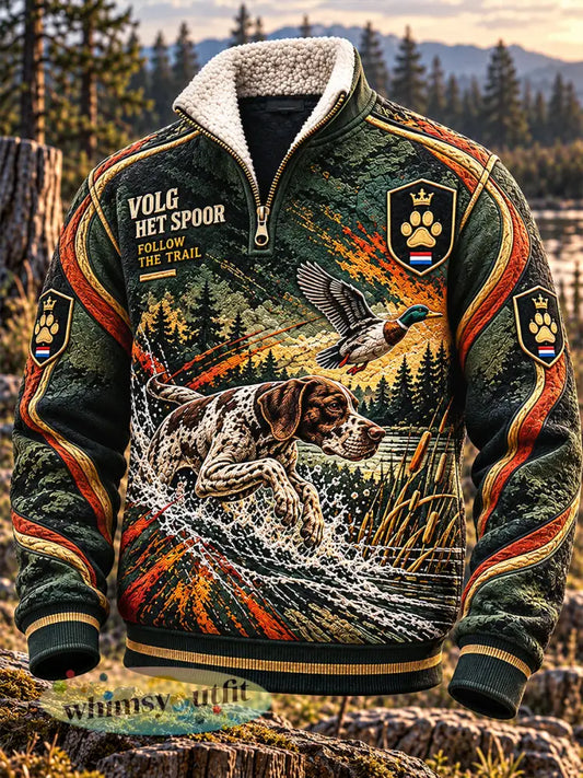 Heren Nederlandse eendenjagende print casual opstaande kraag sweatshirt - Groen / S
