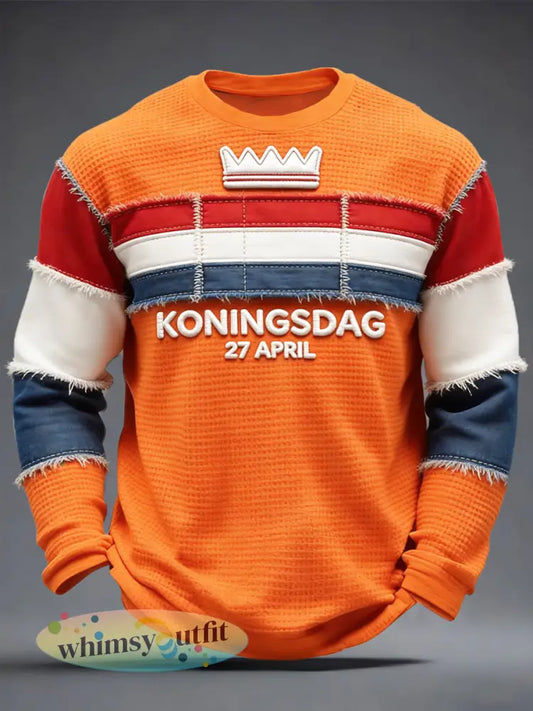 Heren Nederlandse Koningsdag 3D Patchwork Print Casual T-shirt met lange mouwen - Sinaasappel / S