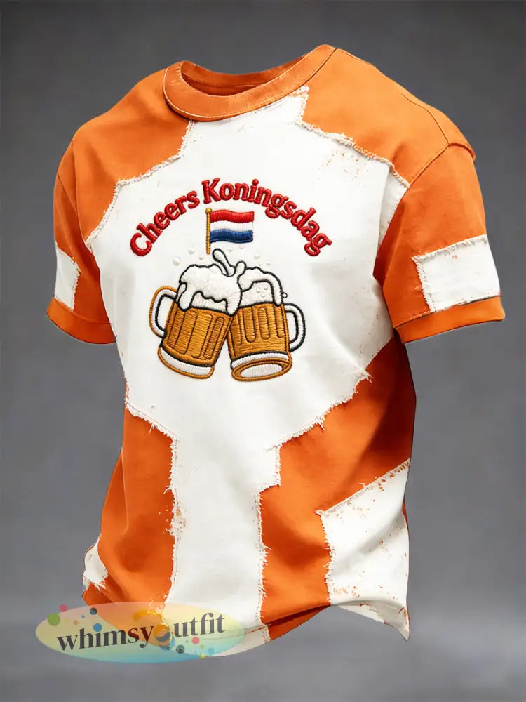Heren Nederlandse Koningsdag Bier 3D Patchwork Print Oranje T-shirt - Oranje wit / S