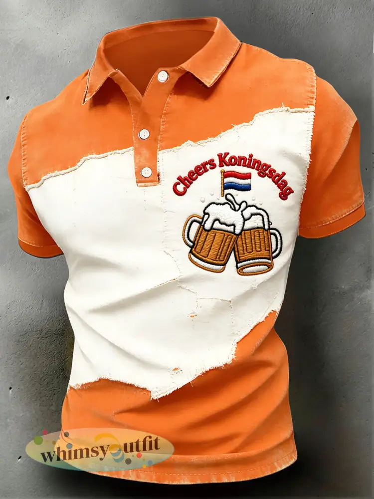 Heren Nederlandse Koningsdag bier patchwork print casual poloshirt - Sinaasappel / S