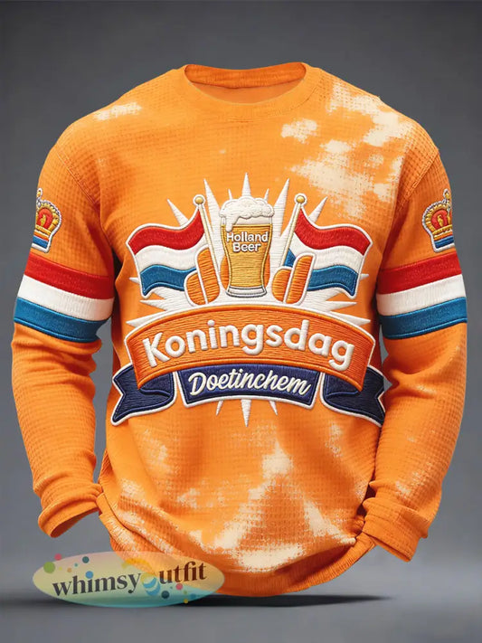 Heren Nederlandse Koningsdag Bier Vintage Print Casual Waffle Weave T-shirt met lange mouwen - Sinaasappel / S