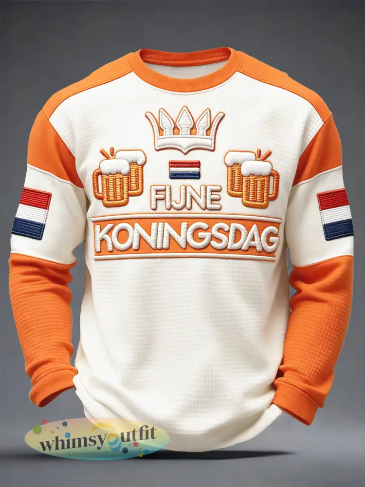 Heren Nederlandse Koningsdag bierprint casual wafelweefsel t-shirt met lange mouwen - Romig-Wit / S