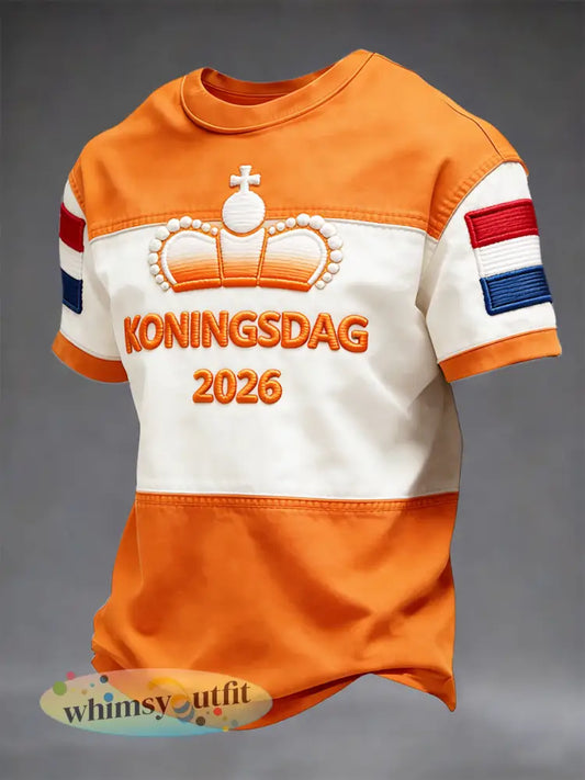 Heren Nederlandse Koningsdag gradiënt patchwork print casual T-shirt - Sinaasappel / S