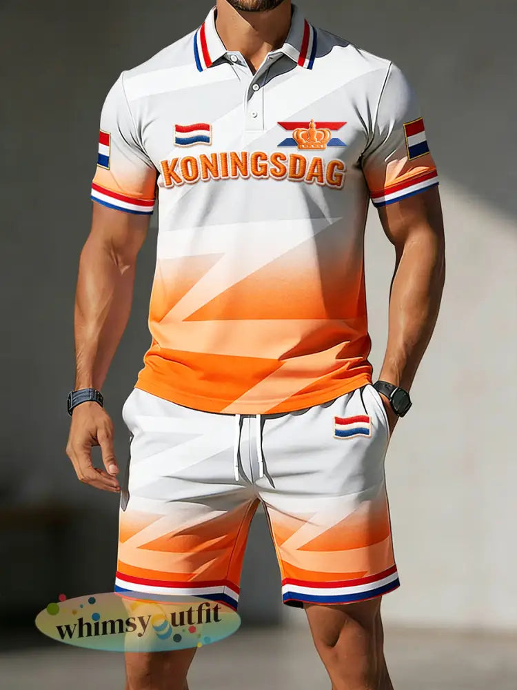 Heren Nederlandse Koningsdag gradiëntprint casual poloshirt en korte broek set - Oranje wit / S