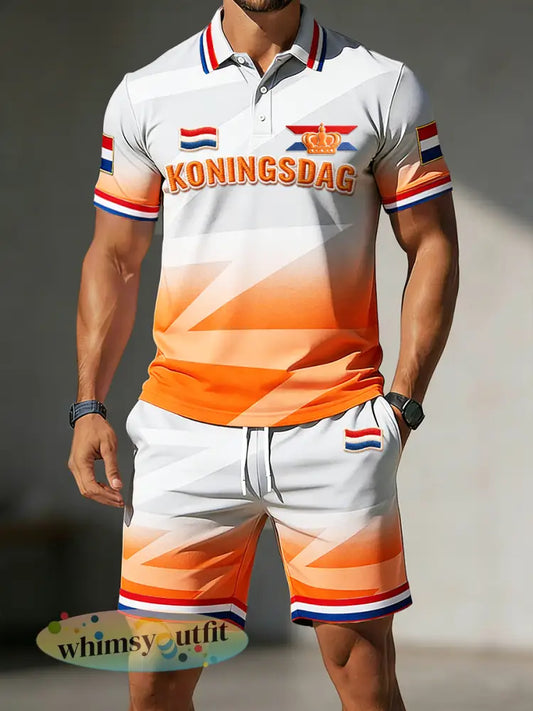 Heren Nederlandse Koningsdag gradiëntprint casual poloshirt en korte broek set - Oranje wit / S