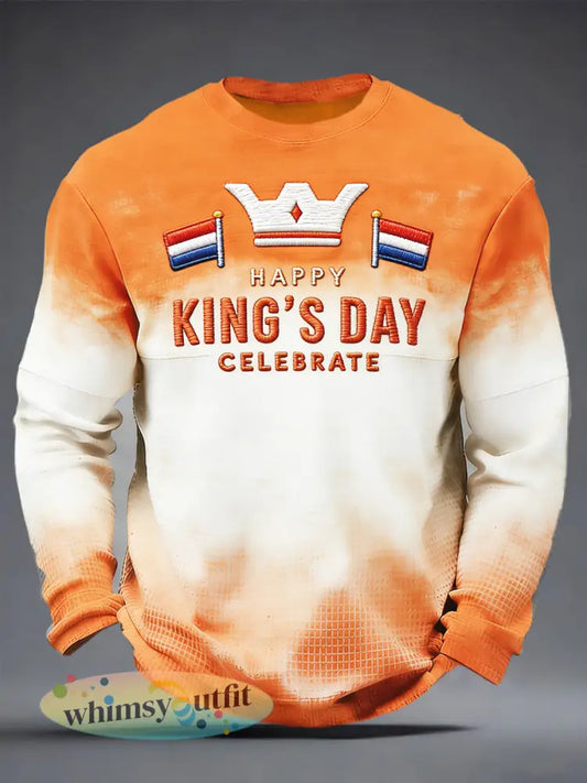 Heren Nederlandse Koningsdag Gradiëntprint Oranje Casual T-shirt met lange mouwen - Sinaasappel / S