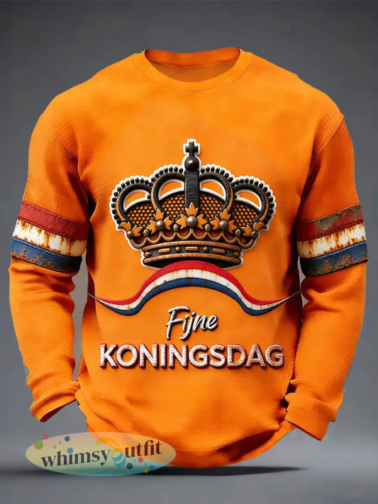 Heren Nederlandse Koningsdag Kroon Vintage Print Casual T-shirt met lange mouwen - Sinaasappel / S