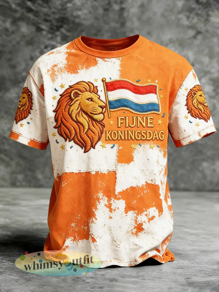 Heren Nederlandse Koningsdag Leeuw Geborduurd Vintage Print Casual T-shirt - Sinaasappel / S