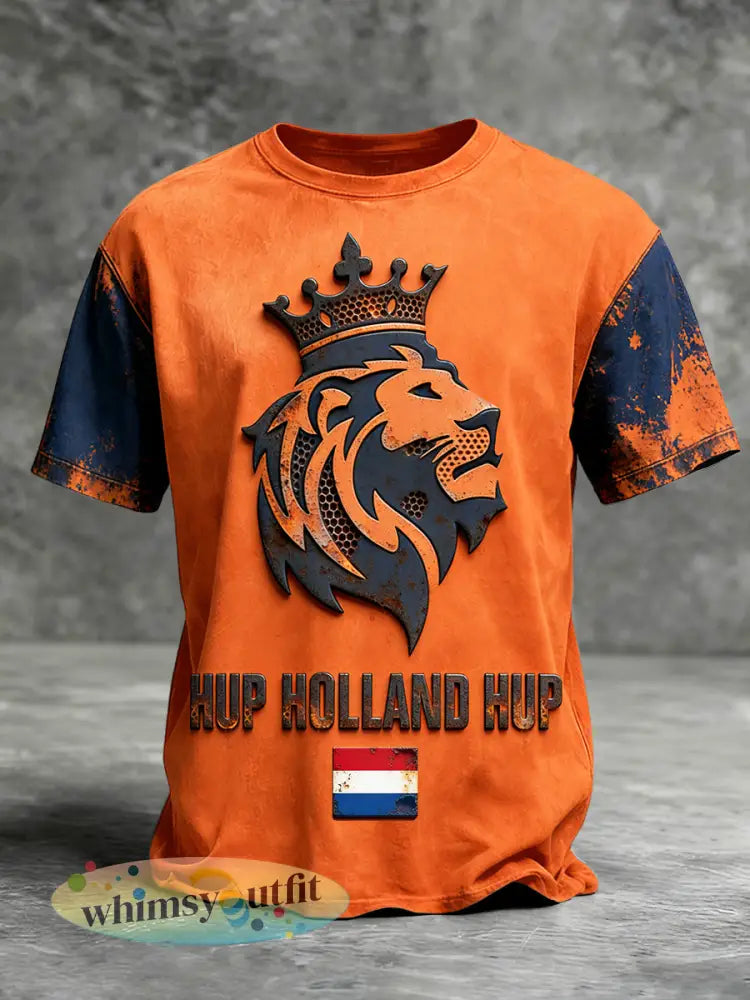 Heren Nederlandse Koningsdag Leeuw Patchwork Print Oranje Casual T-shirt - Sinaasappel / S