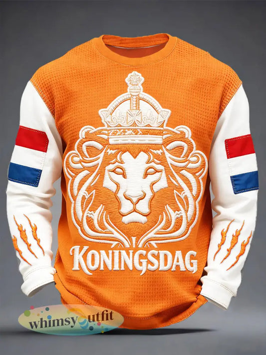 Heren Nederlandse Koningsdag Leeuwenprint Casual Waffle Weave T-shirt met lange mouwen - Sinaasappel / S