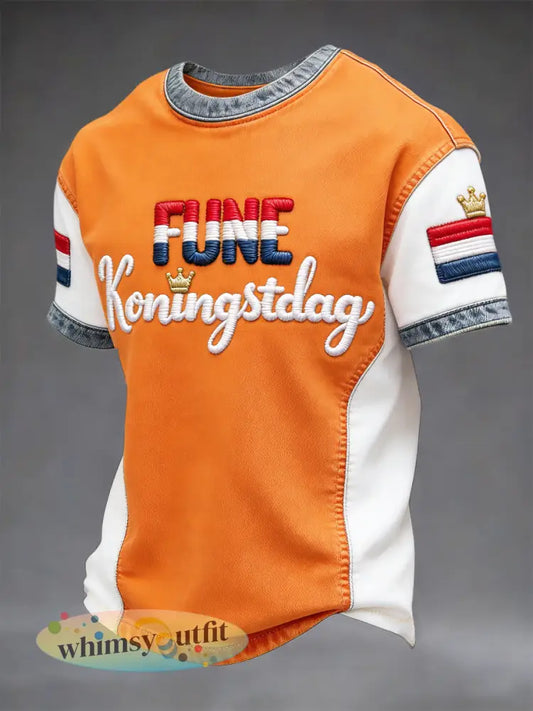 Heren Nederlandse Koningsdag Patchwork Print Casual Oranje T-shirt - Sinaasappel / S
