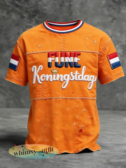 Heren Nederlandse Koningsdag Retro Patchwork Print Casual T-shirt - Sinaasappel / S