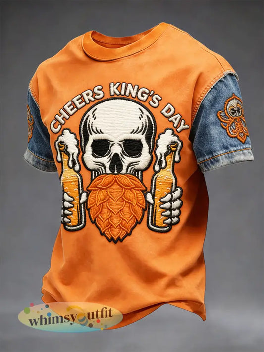 Heren Nederlandse Koningsdag Skull Print Casual Patchwork T-shirt - Sinaasappel / S